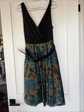 Evan Picone Black Bodice with Teal and Olive Floral Midi Dress